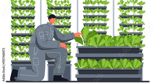 Farmer tending to vertical hydroponic farm with lush green lettuce and leafy vegetables
