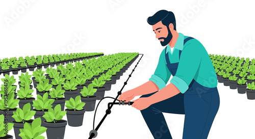 Farmer tending to rows of green plants in a greenhouse with a tool