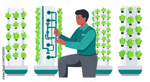 Farmer tending vertical hydroponic farm with leafy greens and irrigation system