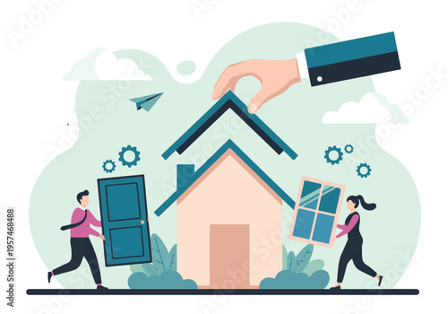 Home construction and real estate concept with people building a house