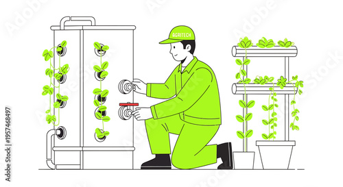 Farmer tending to vertical hydroponic farm, sustainable urban agriculture, healthy greens growing