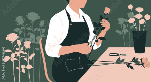 Florist arranging roses, creating a beautiful bouquet in a workshop