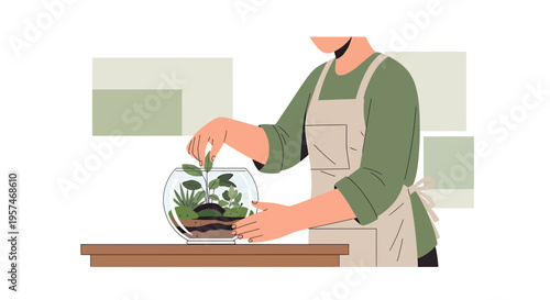Gardener planting small plants in a glass terrarium, creating a miniature garden