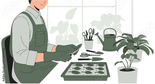 Gardener propagating plant leaves in tray with tools and watering can