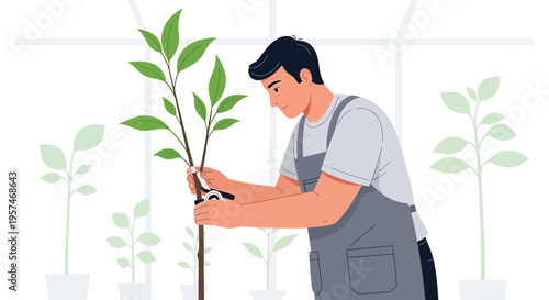 Gardener pruning a young plant in a greenhouse, surrounded by greenery
