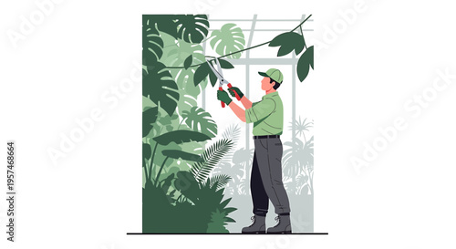 Gardener pruning lush green plants in a greenhouse, close-up on pruning shears