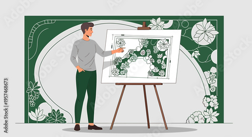 Gardener presenting landscape design plan on easel with floral border