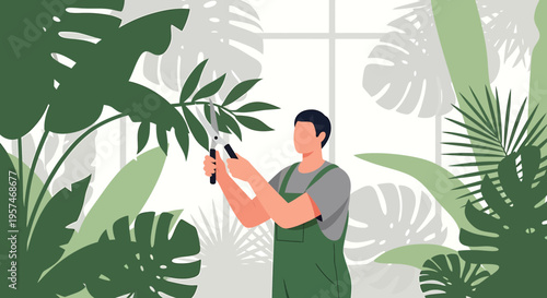 Gardener Pruning Lush Green Plants in a Bright Greenhouse