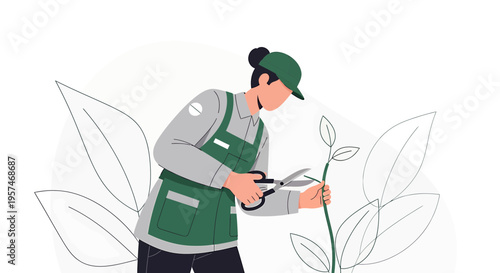 Gardener Pruning Plant with Scissors, Sustainable Gardening Concept