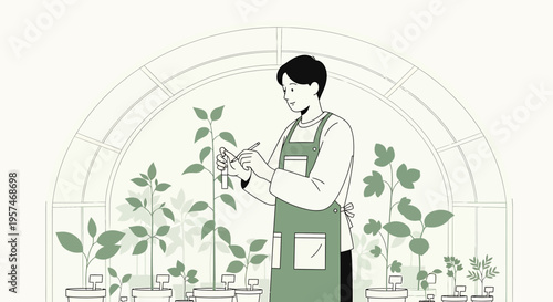Gardener tending to plants in a greenhouse, illustration