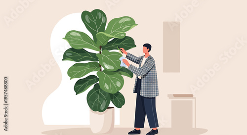 Person Caring for a Large Fiddle Leaf Fig Plant Indoors, Home Decor