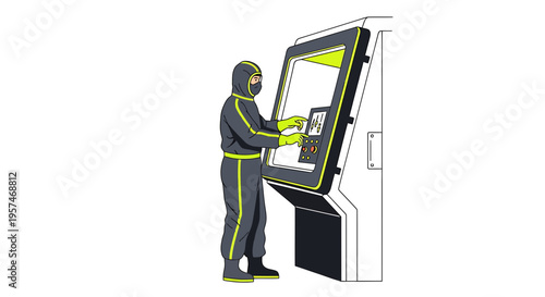 Person in Hazmat Suit Interacting with Futuristic Touchscreen Interface
