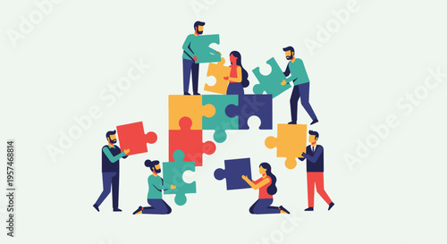 Diverse team collaborating to assemble a large puzzle.