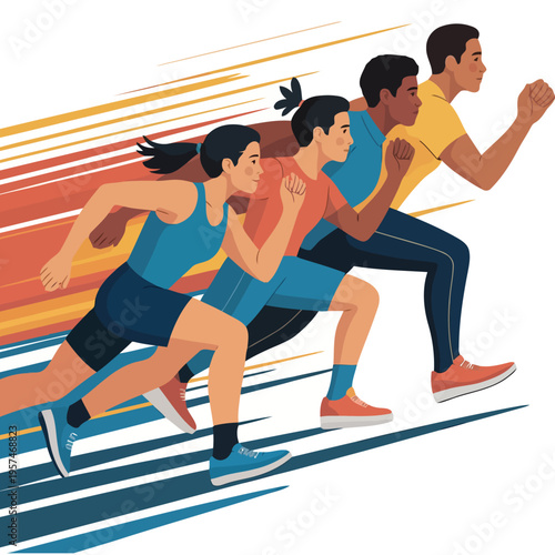 A diverse group of athletes intensely focused while sprinting forward in a race