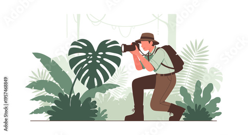 Photographer exploring lush jungle, capturing close-up of vibrant tropical plant with camera