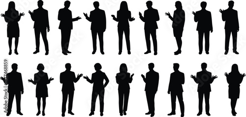 Business silhouettes, professional poses, corporate teamwork, office gestures, workplace diversity, communication skills, leadership concept, collaboration success, modern business environment