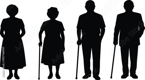 Silhouettes of elderly people standing with canes, senior men and women icons, aging population concept, elder care illustration design