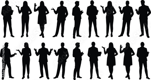 Silhouettes of diverse people, professional poses, casual stances, office gestures, teamwork concept, communication skills, corporate diversity, workplace collaboration, success