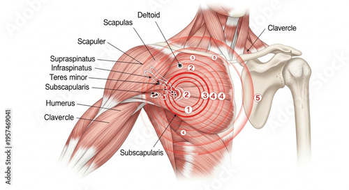 A detailed anatomical illustration of the human shoulder joint and muscles