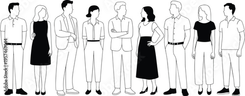 Black and white illustration of diverse group of people standing together in casual and semi-formal clothing, teamwork, diversity concept
