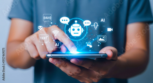 Person interacting with ai icons on smartphone screen