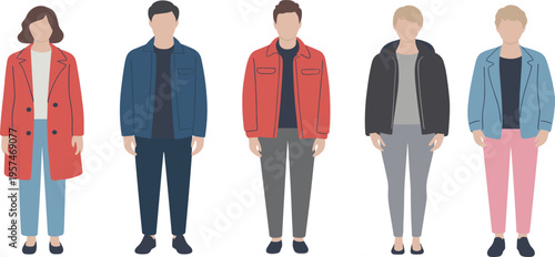 Fashion illustration of five diverse individuals standing together, casual clothing styles, modern streetwear, colorful outfits, trendy urban fashion, stylish characters