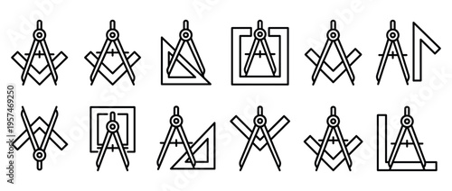 Drafting tools, compasses, and squares line art icon set for architecture, engineering, and geometric design projects.