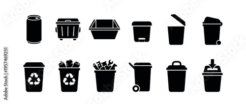 Various trash cans, recycling bins, and waste containers in a collection of black silhouette icons for waste management and environmental concepts.