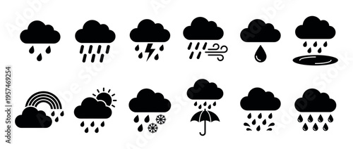 Collection of black silhouette weather icons depicting various precipitation types and atmospheric conditions, including rain, wind, lightning, sun, rainbow, and snow