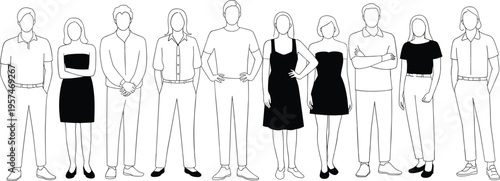Diverse group of faceless stylized human figures in casual and semi‑formal clothing, representing fashion diversity, gender balance, and group dynamics