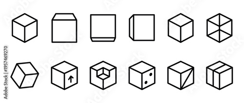 Cubes and boxes icons set featuring various geometric shapes and abstract forms in a modern outline style for design projects.