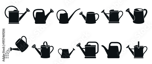 Watering cans garden tools set collection of various shapes and styles for gardening and plant care activities.
