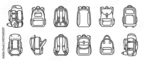 Backpacks and bags icon set featuring various styles for travel, school, and outdoor activities in a clean line art design.
