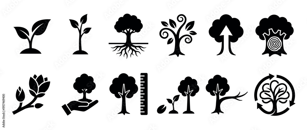 Naklejka premium Collection of plant growth and tree development icons illustrating the life cycle, ecology, and environmental concepts in black silhouettes.