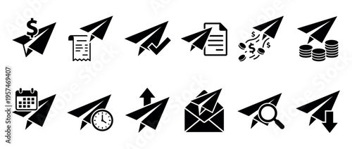 Paper airplane icons representing various business and communication concepts like financial transactions, document delivery, scheduling, and message sending.