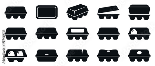 Assortment of egg carton icons, including open, closed, and damaged designs, representing common egg packaging for grocery and farm products.