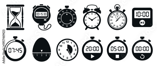 Time clocks timers stopwatches hourglass icons collection in a sleek black and white silhouette style, representing various methods of measuring and tracking duration.