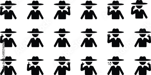 Silhouette icons of person in wide brim hat showing various hand gestures, peace sign, waving, tapping, unique pose collection