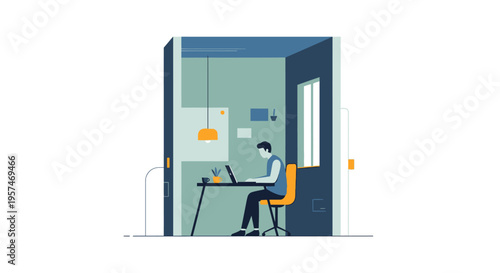Remote Work Productivity: Man Working on Laptop in Modern Flat Design Home Office Illustration