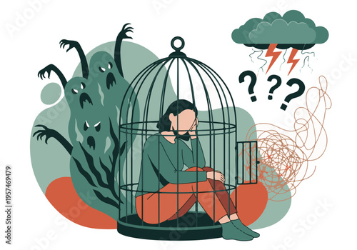 Woman suffering from mental health issues, trapped by anxiety and fears