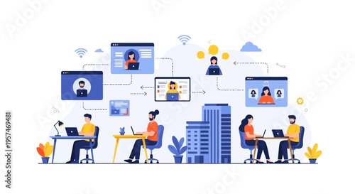 Global Remote Work and Online Collaboration Illustration: Connecting Distributed Teams through Virtual Meetings and Digital Communication