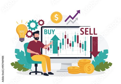 Stock Market Trading and Investment Strategy with Man Analyzing Charts