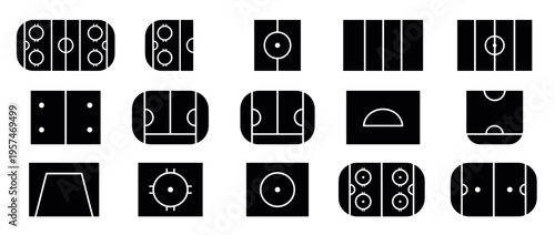 Sports fields courts arenas pitches playing areas represented by a diverse collection of black and white vector icons illustrating various game layouts.