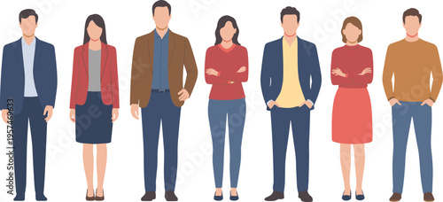 Diverse business professionals standing together in modern office attire, flat illustration representing teamwork, collaboration, workplace diversity, corporate culture, unity