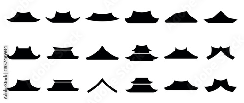 Set of traditional Asian roof icons in black silhouette, depicting various architectural styles and cultural structures.