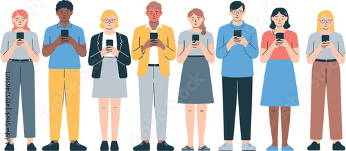 Diverse group of people standing together, each holding smartphone, modern digital lifestyle, technology addiction, social media communication, mobile device usage