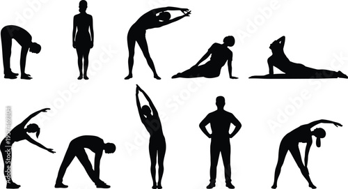 Silhouette collection of people performing stretching exercises, fitness flexibility poses, workout warmup routine, healthy lifestyle activity illustration vector design