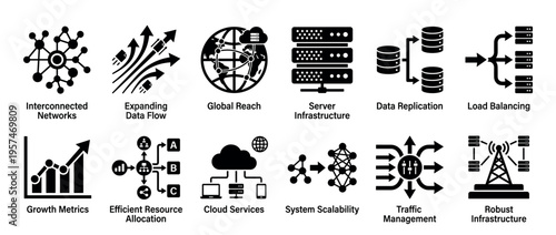 Information technology and network infrastructure icons illustrating data management, cloud services, and system scalability concepts.