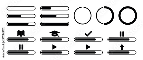 Progress bar and loading indicator icon set for user interface design, showing various stages of completion, download, upload, and process status.