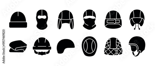 Collection of various headwear items including winter hats, balaclavas, and protective helmets for sports and safety in a black silhouette icon set.